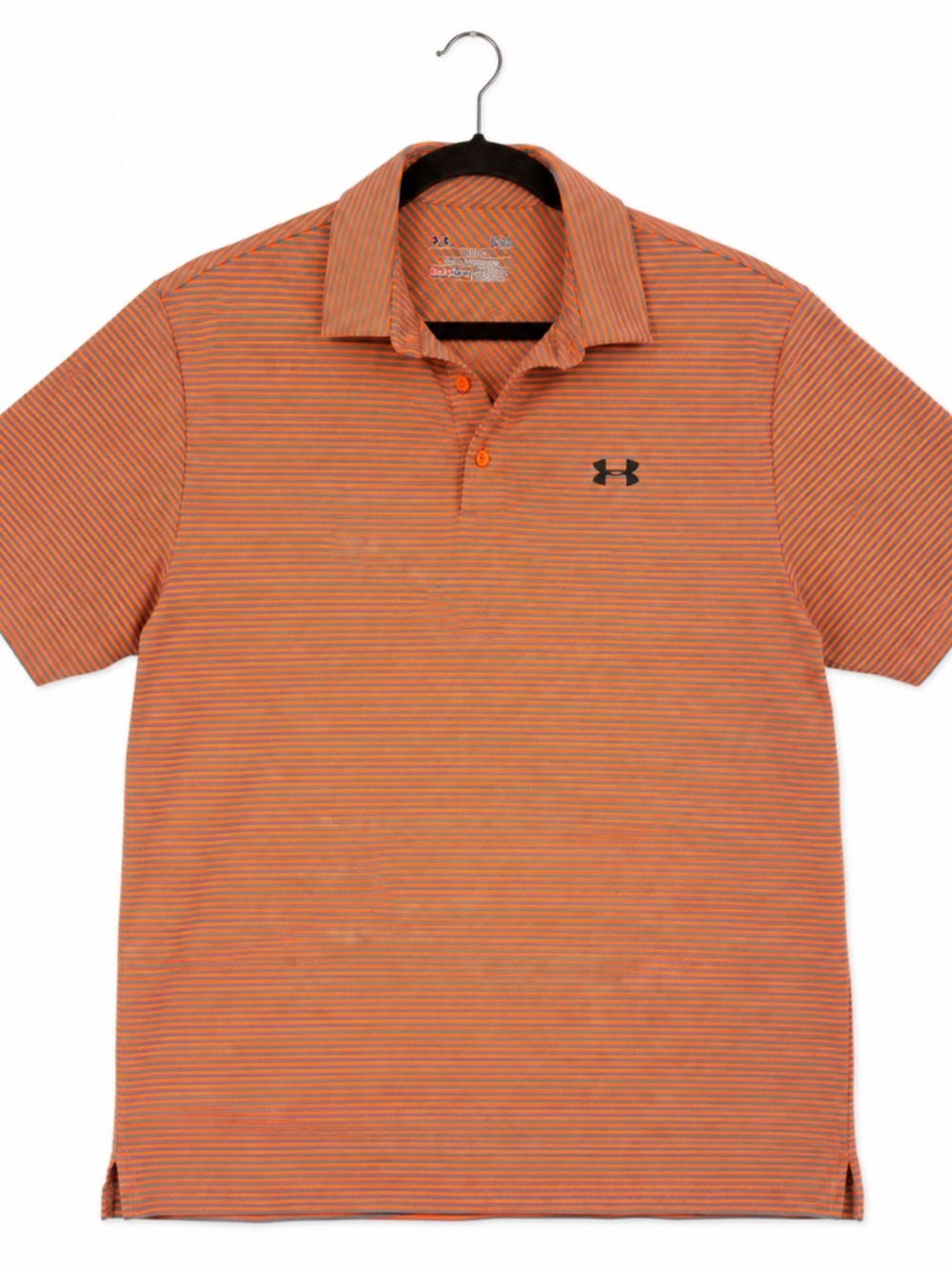 Under Armour HeatGear Polo Shirt Mens Large L Loose Fit Orange Gray Striped Golf